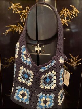 New Navy Crochet Shoulder Bag with Blue & Cream Accents